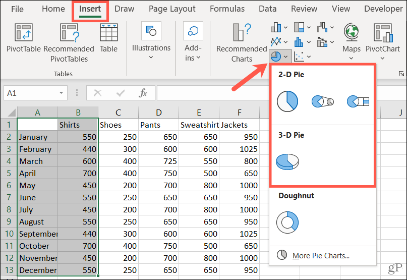 اختر نمطًا لإنشاء مخطط دائري في Excel