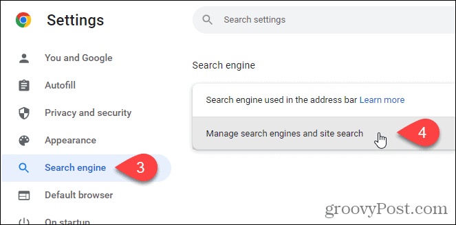 انقر فوق إدارة محركات البحث والبحث في الموقع على شاشة محرك البحث في Chrome