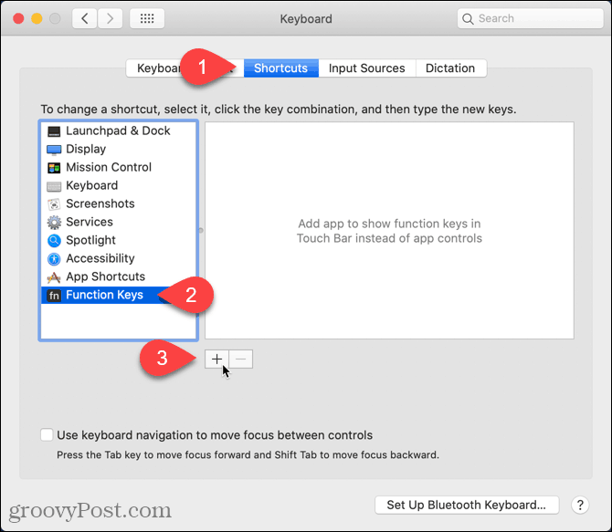 انقر فوق رمز علامة الجمع على شاشة Mac Shortcuts
