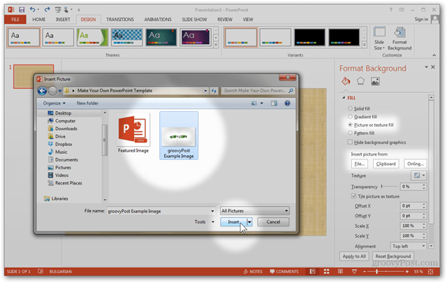 قالب Office 2013 ، إنشاء ، تصميم مخصص ، POTX ، تخصيص شرائح الشرائح ، تعليمي ، كيفية رسم صورة ، تعبئة ، ملء ، استيراد ملف الحافظة