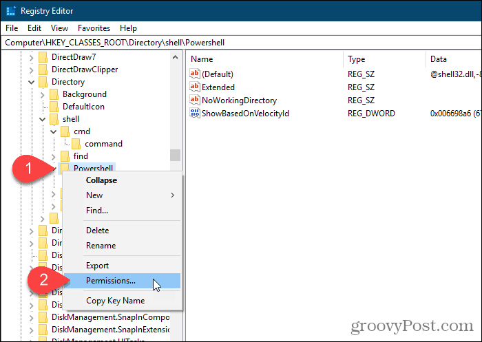 حدد أذونات لمفتاح Powershell في محرر تسجيل Windows