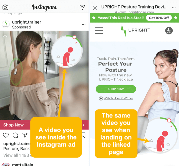 نفس عناصر الفيديو والعناصر المرئية في إعلان Instagram والصفحة المقصودة المرتبطة