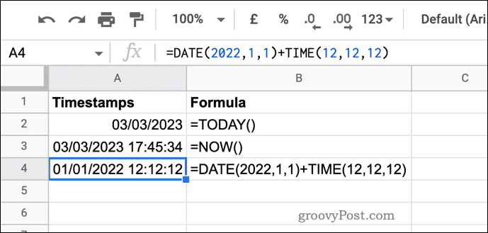 مثال على الطوابع الزمنية في جداول بيانات Google