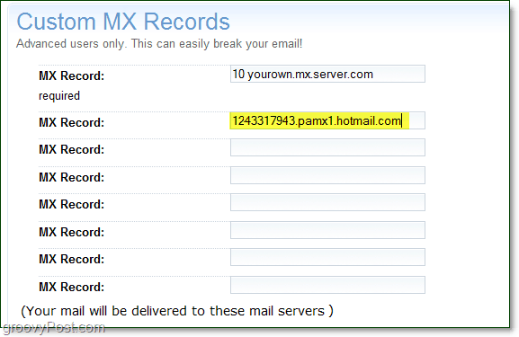 بعد معلومات خادمك المباشر عن خدمات mx في صفحة الخيارات المتقدمة لنطاقك لسجلات MX المخصصة