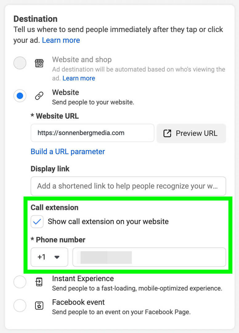 how-to-use-the-meta-call-ads-pre-call-business-feature-ad-level-enter-land-page-url-check-call-extension-box-enter-business-phone-number- النموذج -11