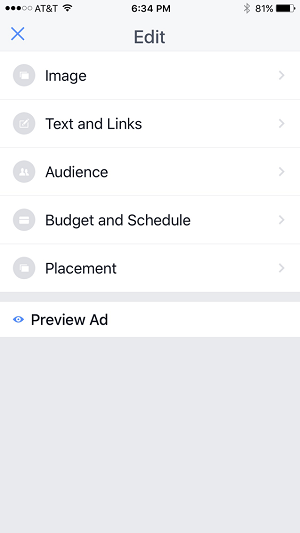 تعديل الخيارات للحملة الإعلانية في تطبيق مدير صفحات الفيسبوك