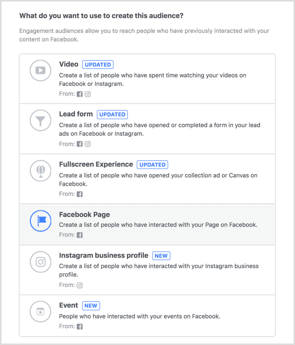 حدد خيار صفحة Facebook لإنشاء جمهور مخصص للمشاركة