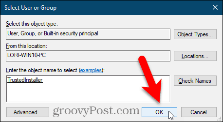 أغلق مربع الحوار تحديد مستخدم أو مجموعة في محرر تسجيل Windows