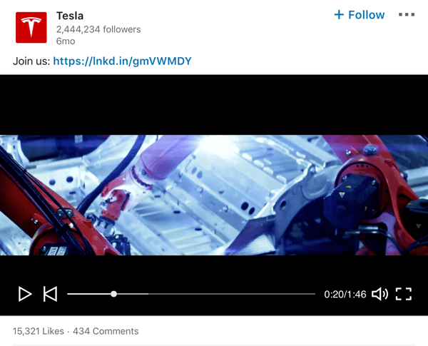 مثال على نشر فيديو لصفحة شركة Tesla LinkedIn.