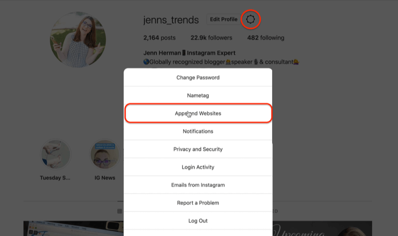 رمز ترس ملف تعريف instagram ، قم بتحرير خيارات قائمة الإعدادات التي تبرز خيار التطبيقات ومواقع الويب