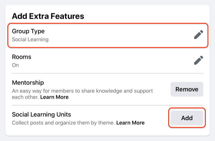 مثال على إعدادات وحدة مجموعة facebook التي تبرز خيار نوع المجموعة