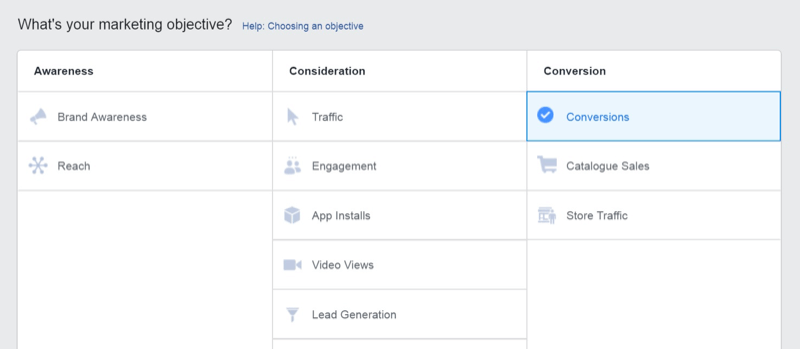 استراتيجية التسويق عبر وسائل التواصل الاجتماعي ؛ لقطة شاشة لهدف التحويلات داخل Facebook Ads Manager.