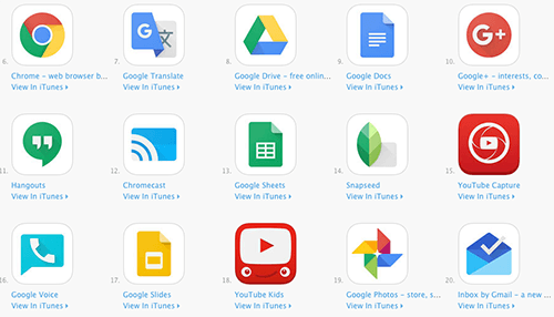 خيارات تطبيقات google في متجر iTunes