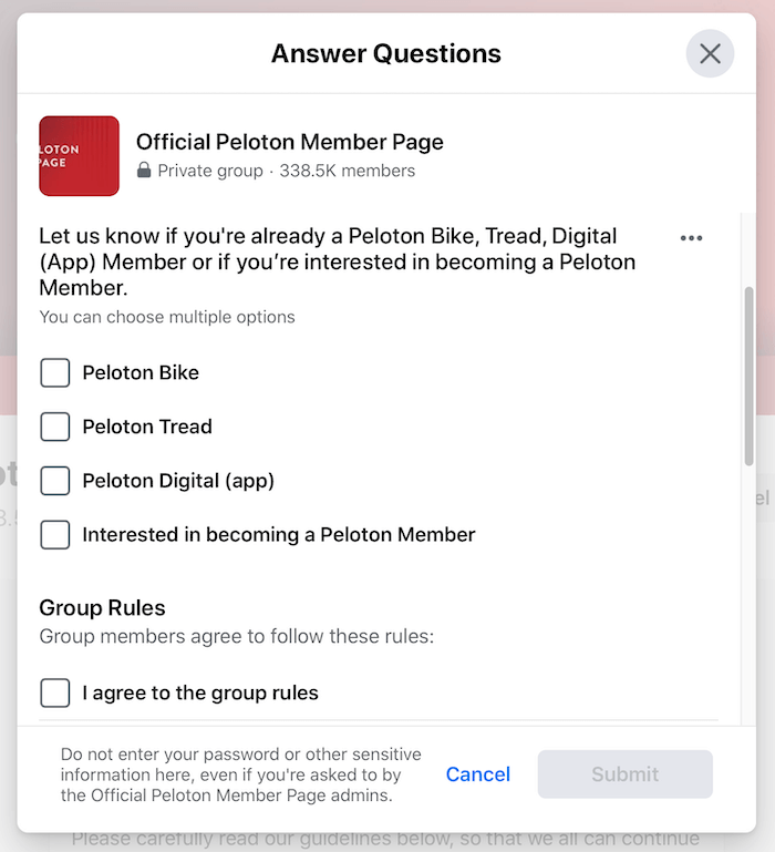 مثال على أسئلة فحص مجموعة facebook لمجموعة صفحات أعضاء peloton الرسمية