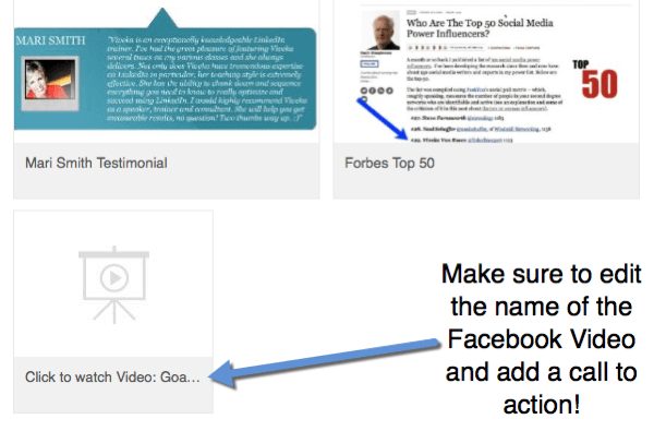 عندما تضيف روابط فيديو Facebook إلى ملفك الشخصي ، قم بتحرير العنوان لتضمين عبارة تحث المستخدم على اتخاذ إجراء لمشاهدة الفيديو.