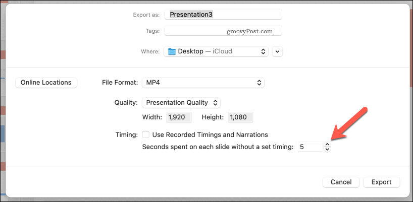 استخدام التوقيت اليدوي لمقطع فيديو مُصدَّر في PowerPoint على Mac