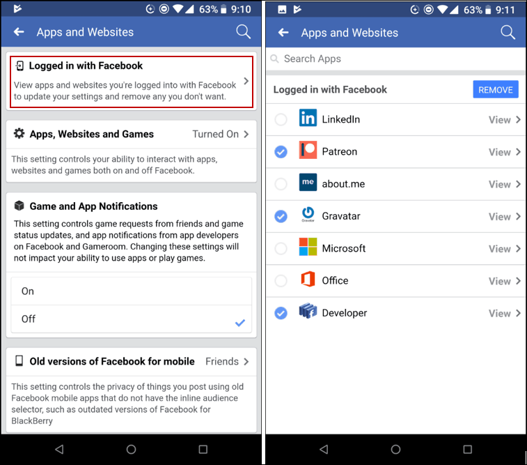 إزالة تطبيقات Facebook Mobile