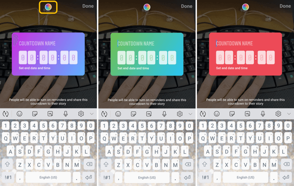 كيفية استخدام ملصق Instagram العد التنازلي للأعمال ، الخطوة 5 خيارات ألوان ملصق العد التنازلي.