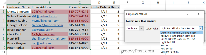 حدد تنسيق التكرارات في Excel