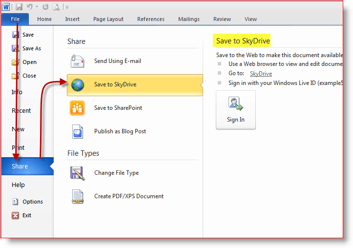حفظ المستندات في تخزين SkyDrive عبر الإنترنت