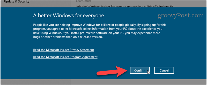 قم بتأكيد الاشتراك في برنامج Windows Insider