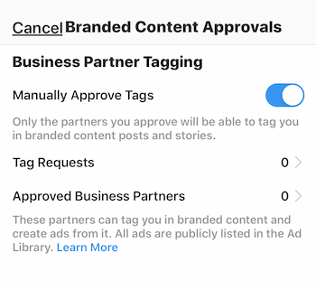 إعدادات الموافقة على المحتوى الذي يحمل علامة Instagram التجارية لملف تعريف الأعمال