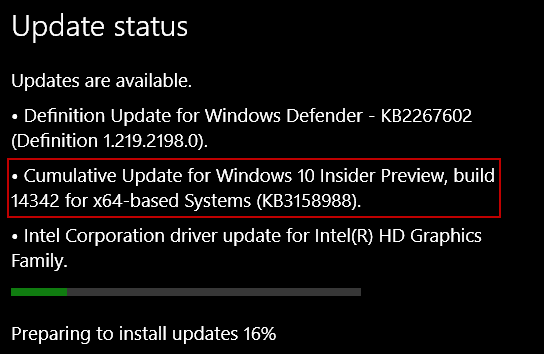Windows 10 Update KB3158988 for Preview Build 14342 لأجهزة الكمبيوتر