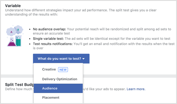 متغير اختبار تقسيم إعلان Facebook