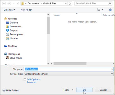 Outlook 2016 - اختر اسم وموقع ملف PST