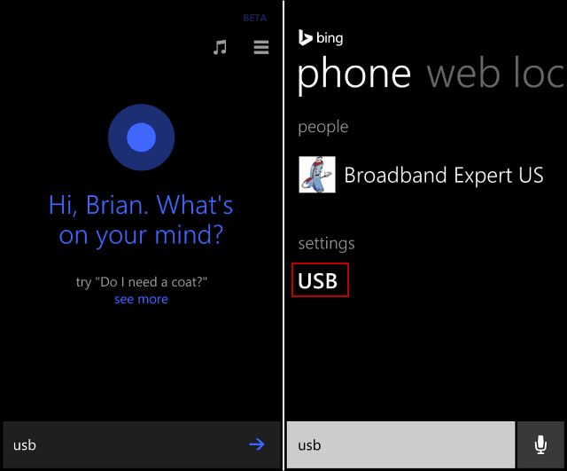 بحث Cortana USB