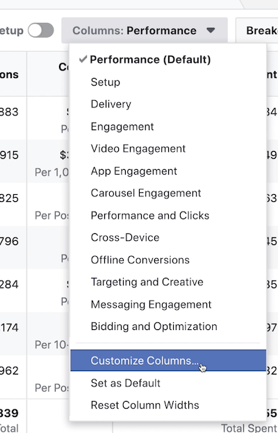 القائمة المنسدلة Columns-Performance في Facebook Ads Manager