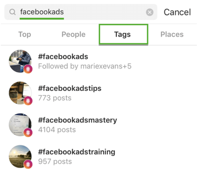 كيف تنمي متابعتك على Instagram بشكل استراتيجي ، الخطوة 9 ، ابحث عن علامات التصنيف ذات الصلة ، مثال ابحث عن "facebookads"