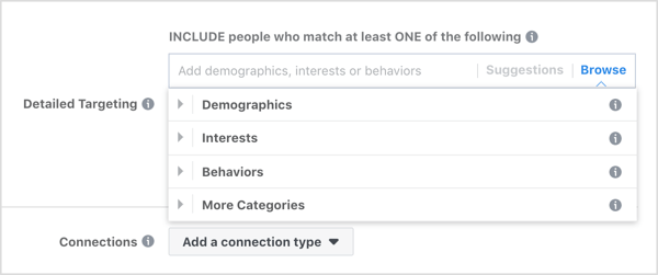تصفح خيارات الاستهداف التفصيلية لإعلانات Facebook.