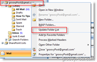 تحديث قائمة مجلدات iMAP GMAIL في شريط أدوات التنقل في Outlook 2007