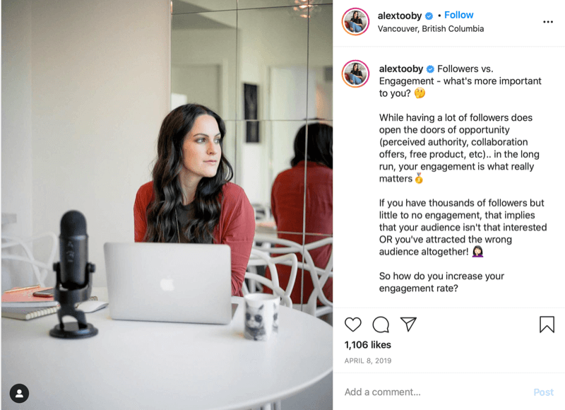 مثال على منشور instagram بواسطةalextooby حيث يبدأ التسمية التوضيحية بسؤال "المتابعون مقابل المتابعين. المشاركة - ما هو الأهم بالنسبة لك؟