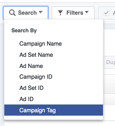 البحث عن حملات الفيسبوك الإعلانية بالعلامة.