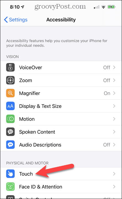 اضغط على Touch in iPhone Accessibility