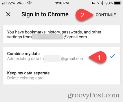 دمج بياناتي في Chrome لنظام iOS