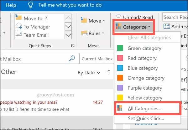 قائمة التصنيف لفئات الألوان في Outlook