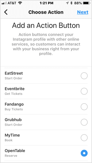 اختر زر إجراء لإضافته إلى ملف تعريف أعمال Instagram الخاص بك.