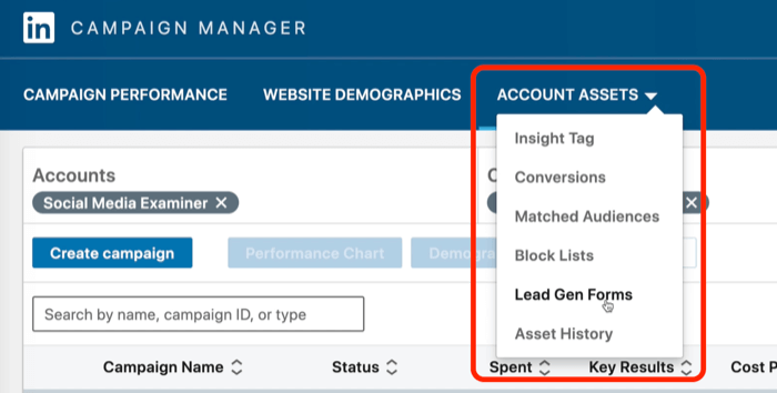 لقطة شاشة لـ Lead Gen Forms المحددة في LinkedIn Campaign Manager