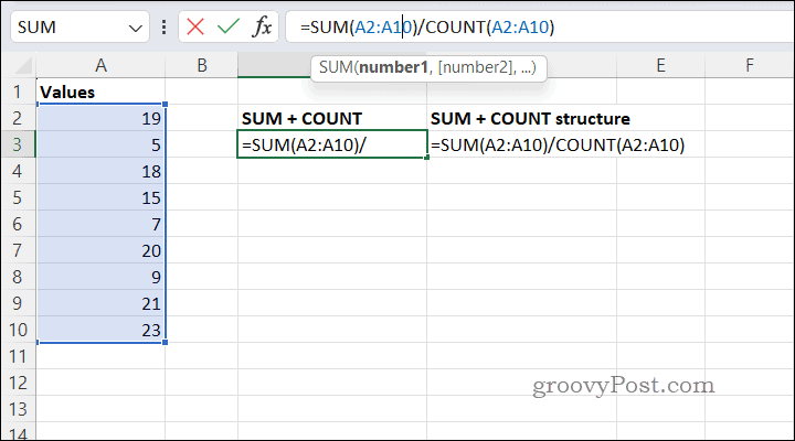 حساب المتوسطات باستخدام SUMCOUNT في Excel