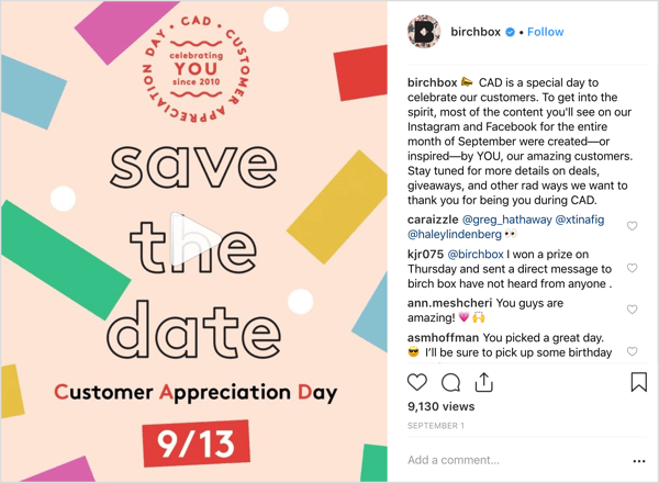 تعامل حساب Birchbox's Instagram المتابعين على الصفقات والهدايا والمفاجآت للاحتفال بيوم تقدير العملاء.