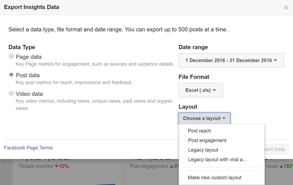 اختر تخطيطًا عند تصدير Facebook Post Data Insights.