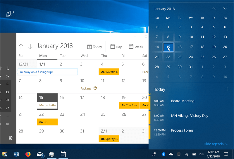 أحداث التقويم شريط مهام Windows 10