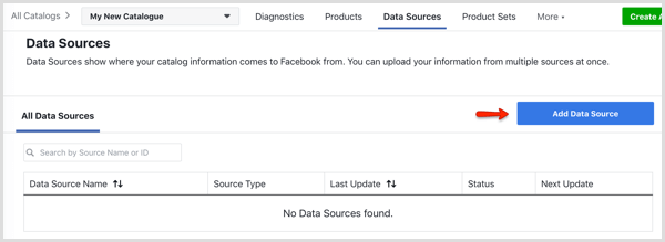 زر إضافة مصدر البيانات في علامة التبويب مصادر البيانات في Facebook Catalog Manager