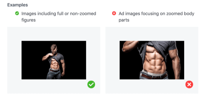 صور مقبولة وغير مقبولة تظهر أجزاء من الجسم مكبرة لإعلانات الفيسبوك