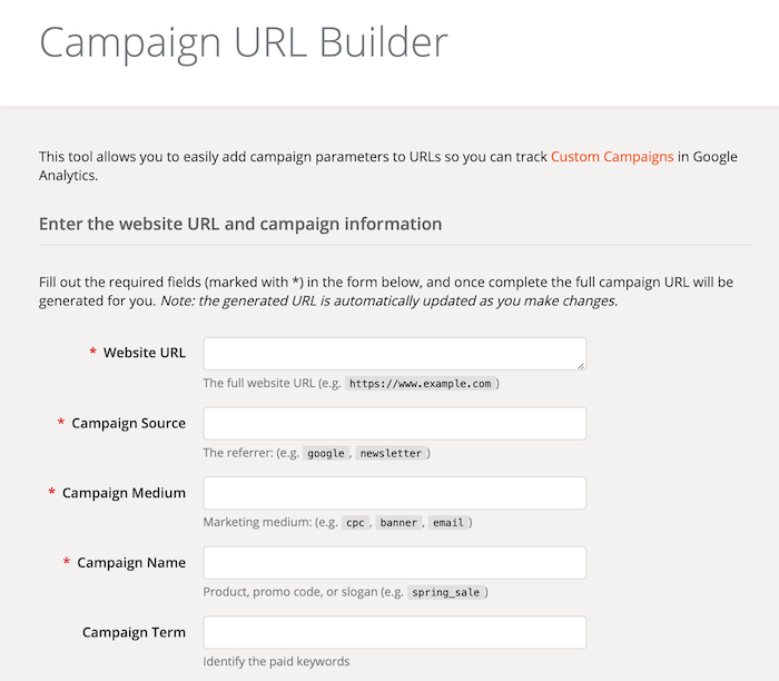 حقول نموذج Google Analytics Campaign URL Builder