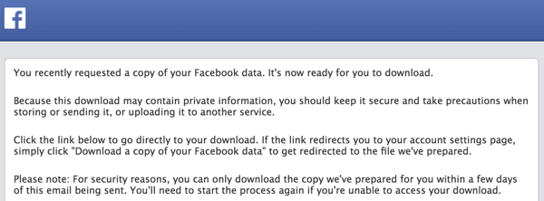 سيرسل لك Facebook رسالة بريد إلكتروني عندما يكون أرشيفك جاهزًا للتنزيل.