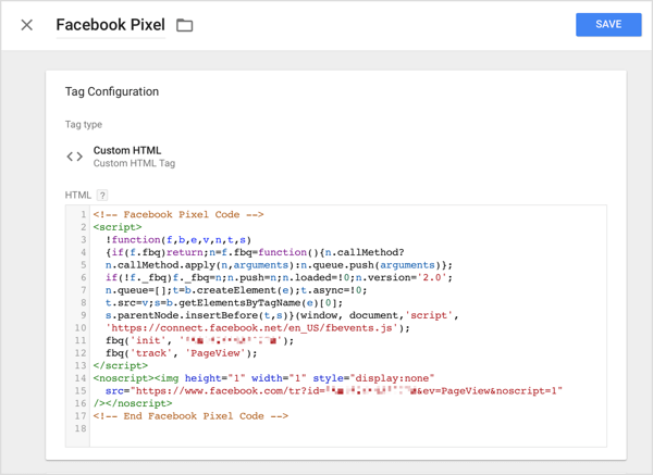 في Google Tag Manager ، انقر فوق خيار HTML المخصص والصق رمز التتبع الذي نسخته من Facebook في مربع HTML.